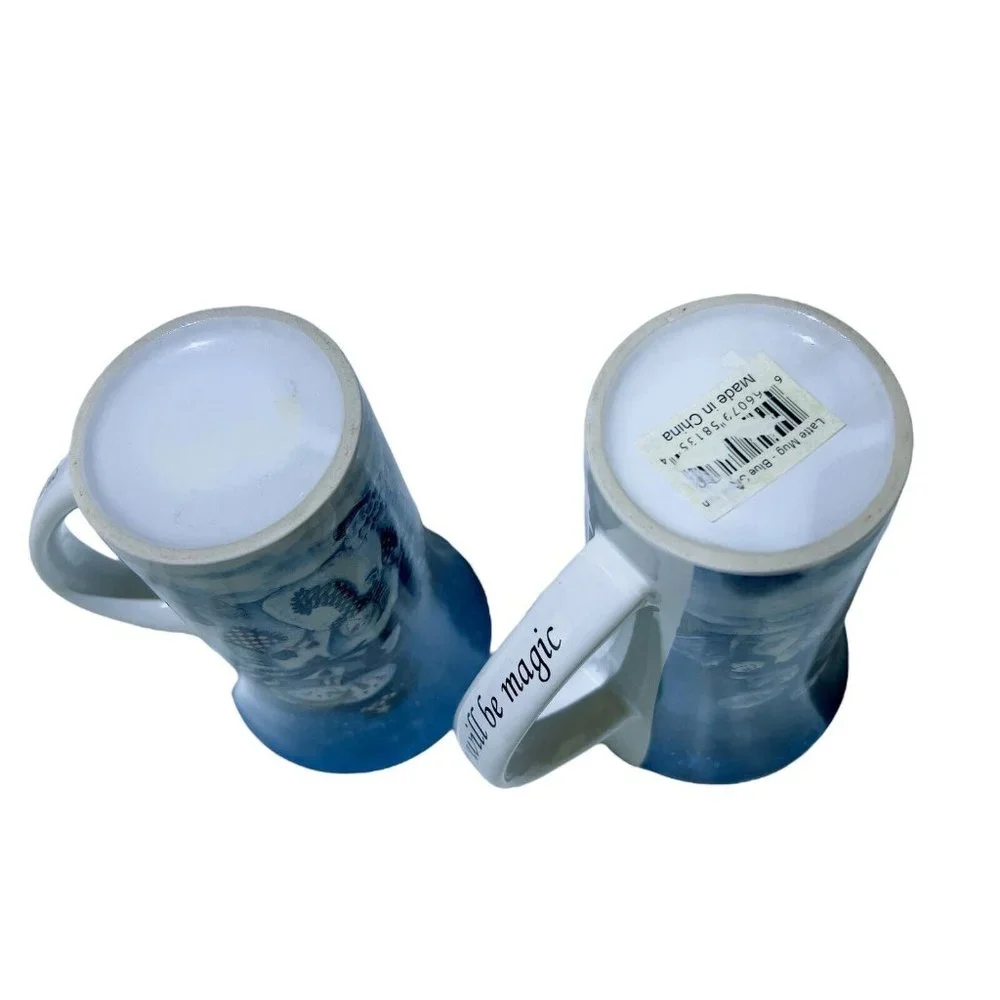 Christmas Winter Time Pair of Latte Mugs Coffee Tea Cups Blue sayings on handles